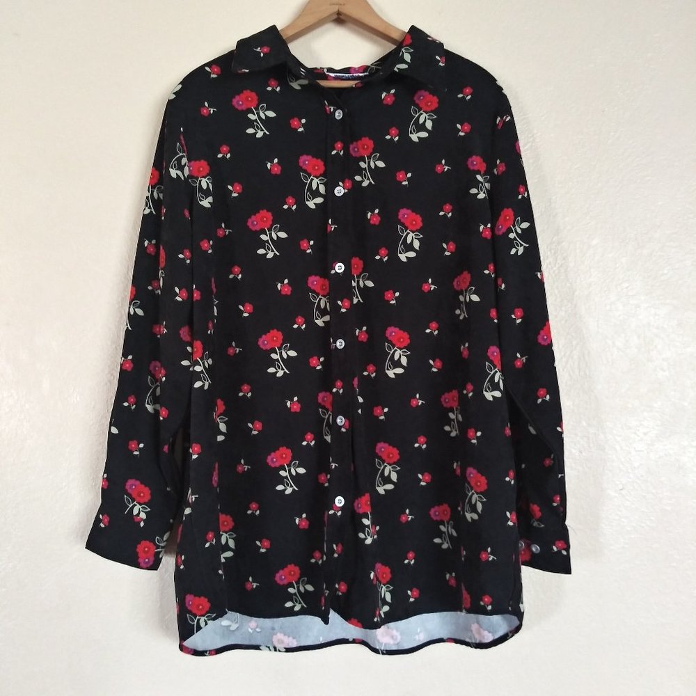 Mainstreet Velvety Black Floral Long Sleeve Button Down Skirt Women's XL
